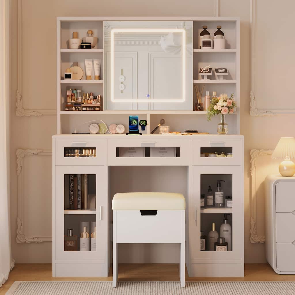 White Makeup Vanity with Sliding LED Mirror & Stool, Dressing Table Vanity Desk with RGB Mood Lights Cabinets & Charging Station