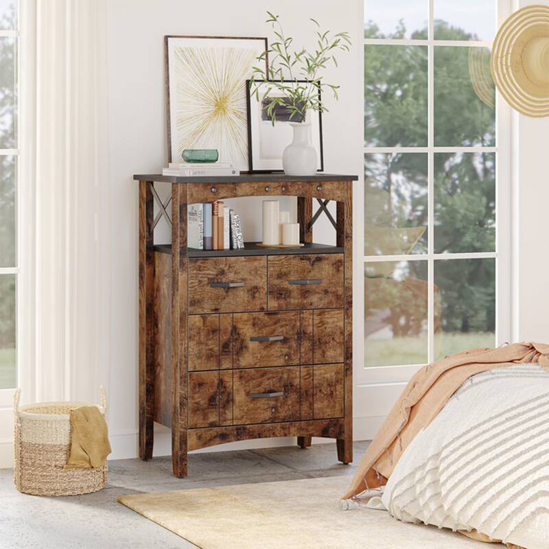 Bestier Living Room Storage Cabinet with 2 Shelves and 4 Drawers, Dark Brown - 68