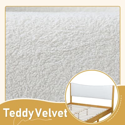 Queen Size Rubber Wooden, Solid Wooden Bed w/ Teddy Velvet Cushion Upholstered Headboard, Enhanced by Support Feet, Beech White