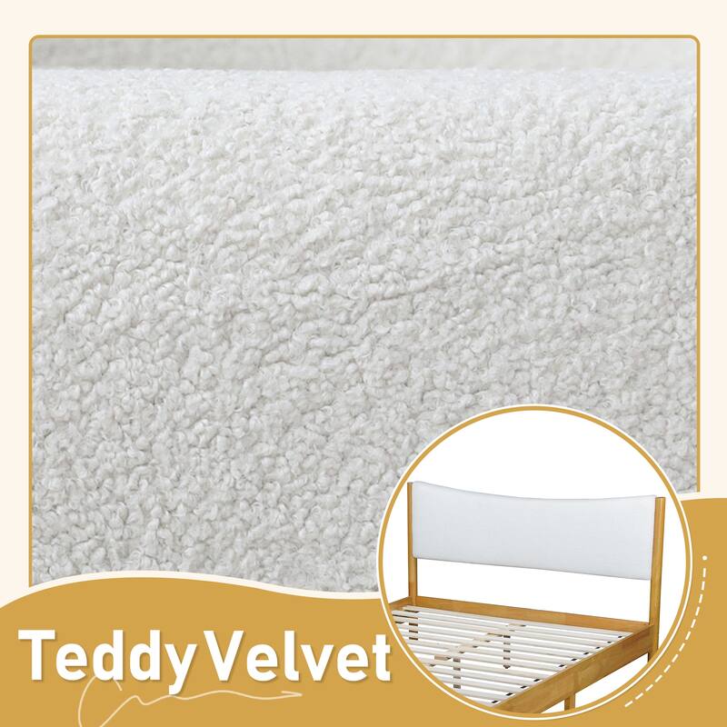 Queen Size Solid Rubber Wood Bed with Velvet Upholstered Headboard and Storage - Natural - Queen