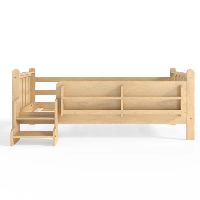 Full/Twin Floor Bed with Storage Bookcases & Cute Stairs - Solid Wood Kids Bed, No Box Spring