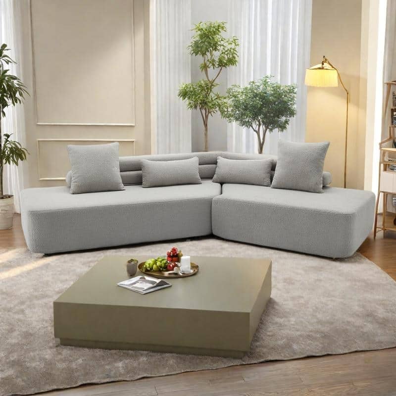 128" Polyester Modular 4-Seater Sectional Sofa with Boucle Teddy Fabric, Pocket Spring Support, and No Assembly Required