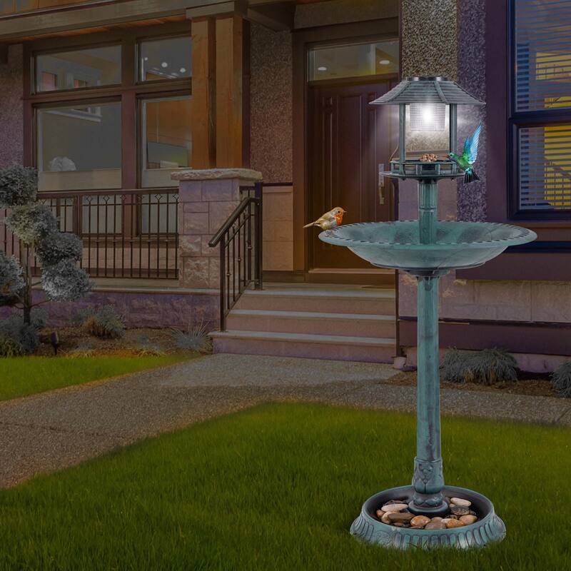 Costway 3-In-1 Pedestal Bird Bath with Solar Light with Bird Feeder & - See Details
