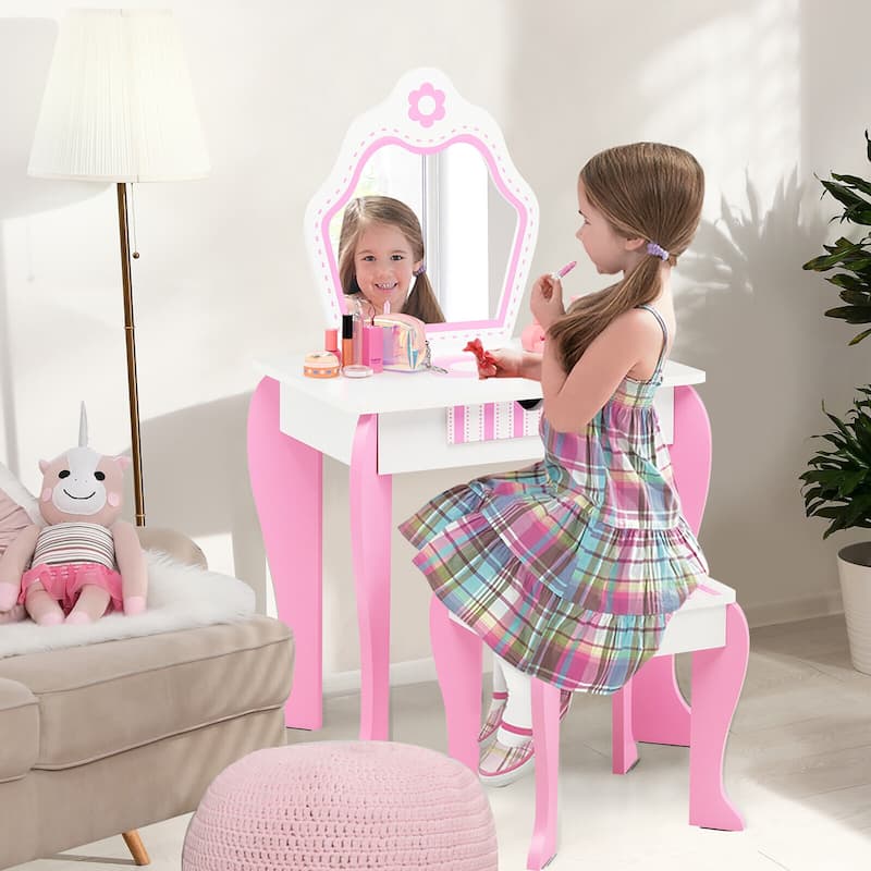 Gymax Kid Vanity Set Wooden Makeup Table Stool w/ Mirror Flower Print