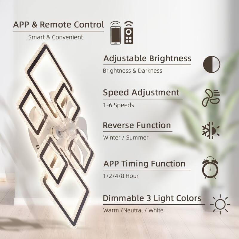 33-inchBlack Ceiling Fan with Lights Remote Control and APP Control, Dimmable with Remote 7 Blades 6 Speeds of Wind - Black