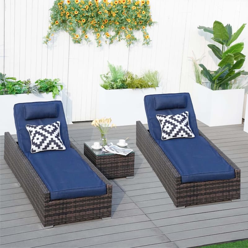 3-piece Patio Wicker Adjustable Chaise Lounge Set with Arms （Throw Pillow Not Include）