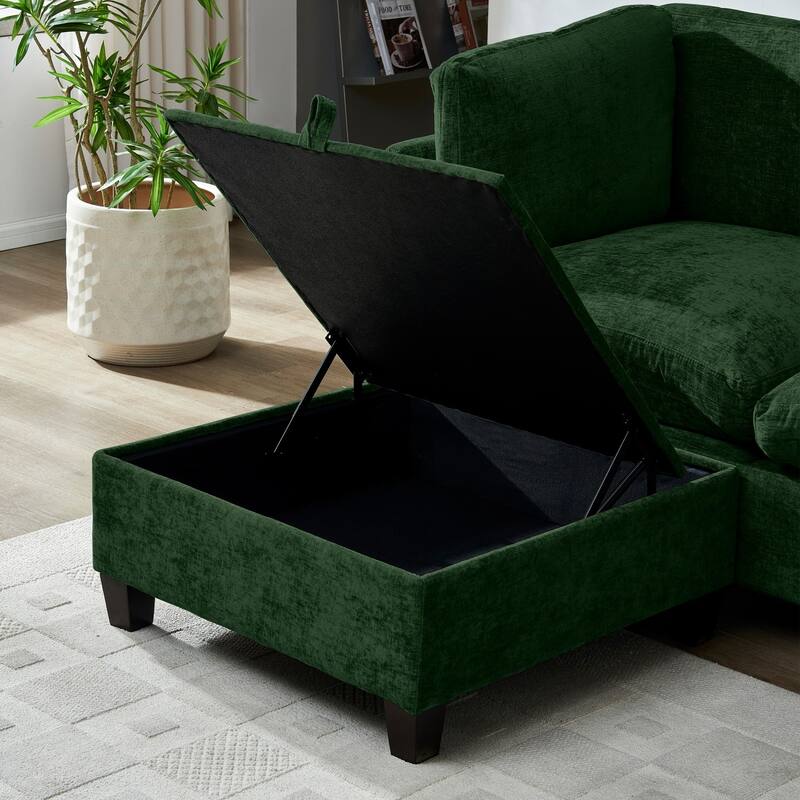 96.5" L-Shaped Chenille Sectional Sofa with Storage and Movable Ottoman
