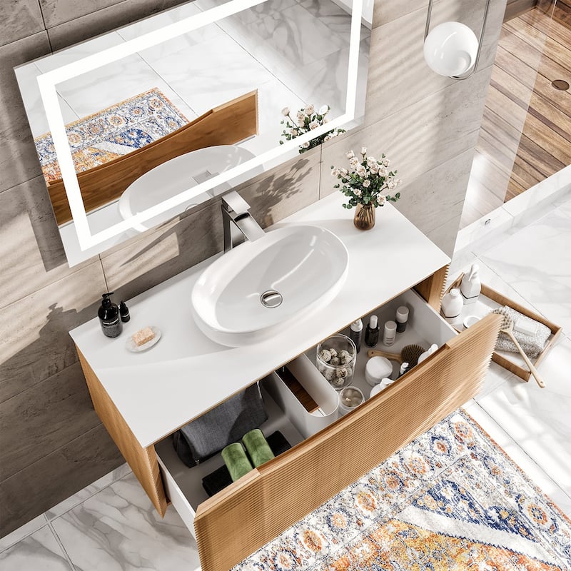 Leah 32 in. Medium Oak Bath Vanity with Solid Surface Top & Vessel Sink