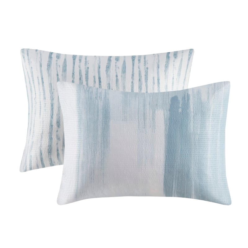 N Natori Brush Stroke Blue 3 Piece Oversized Reversible Seersucker Duvet Cover Mini Set(Insert Excluded)