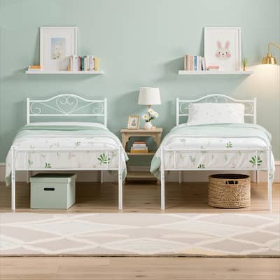 Javlergo Set of 2 Twin Size Metal Platform Bed Frame with Heart Shape Scroll Headboard No Box Spring Needed
