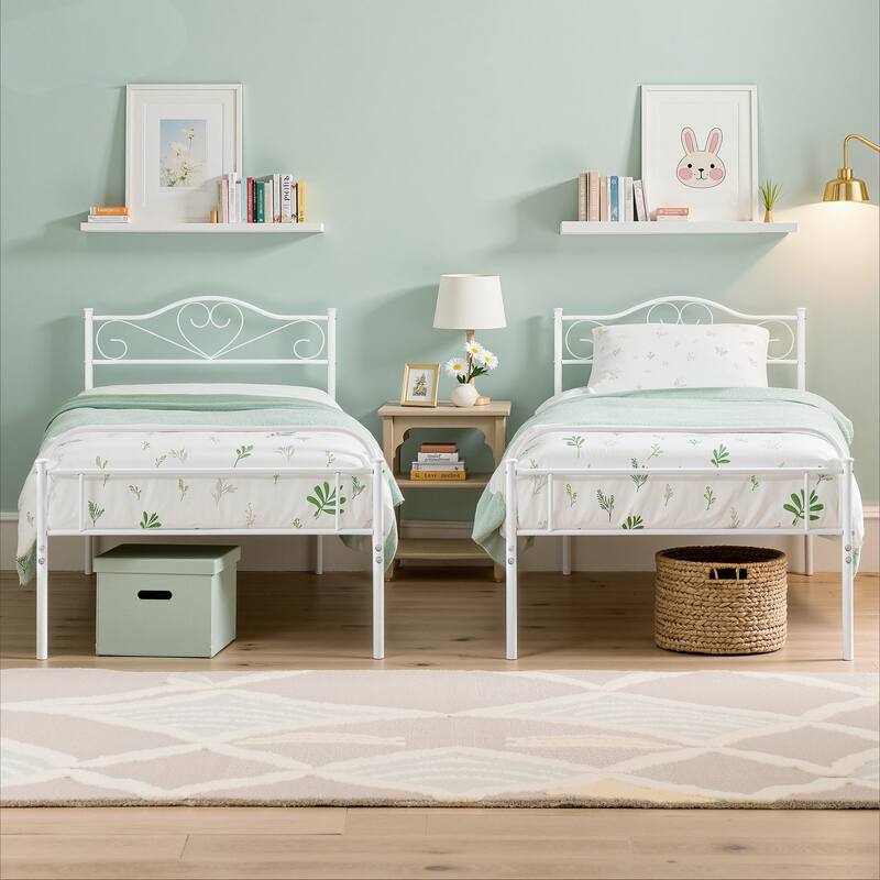 VECELO Twin Size Metal Bed Frame Set of 2 Victorian Style Kids Beds with Heart Pattern Headboard No Box Spring Needed - White - Twin