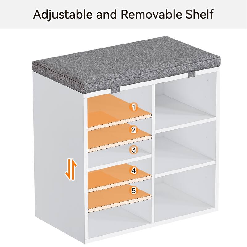 Compact Shoe Bench with Adjustable Heights,Cushioned 3-Tier Shoe Rack Organizer with 5 Compartments