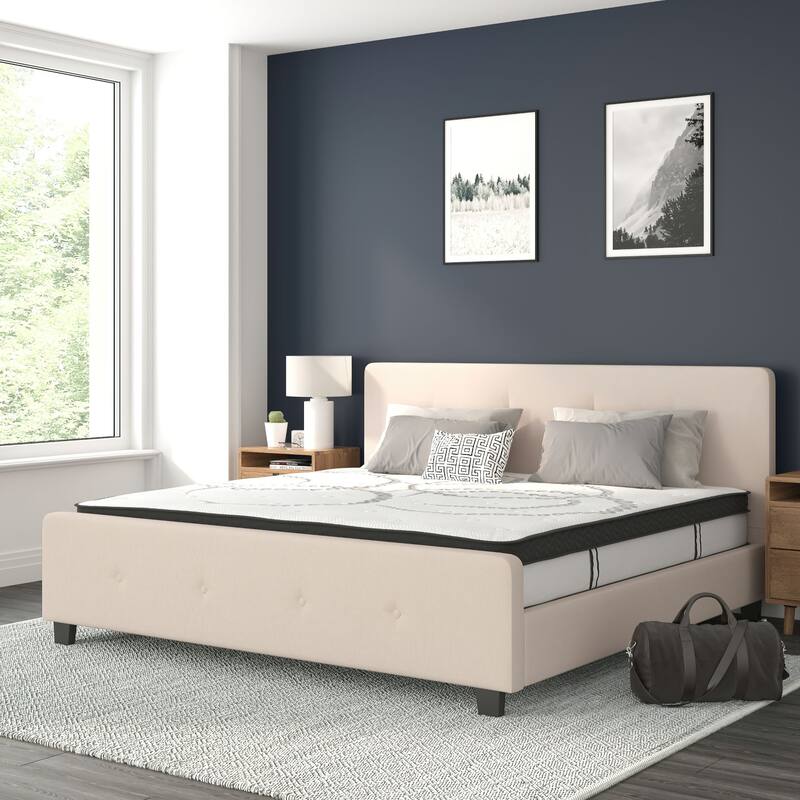 Tufted Platform Bed with 10 Inch Pocket Spring Mattress - Beige - King