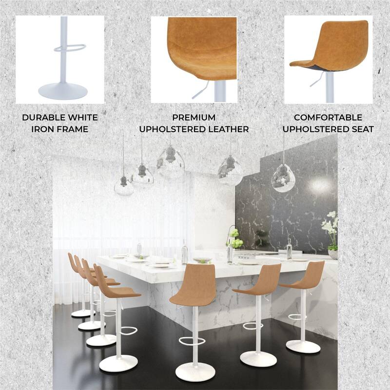 Adjustable Height Bar Stool in Leather Upholstery With White Iron Base Tilbury Collection