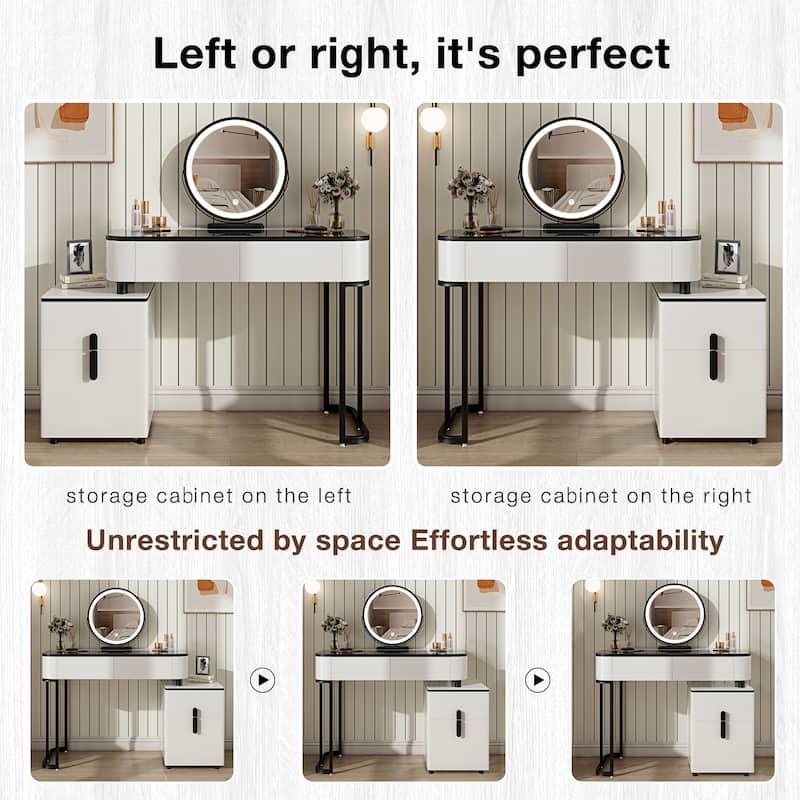 Modern Vanity Table with Tempered Glass Top, Adjustable Height Legs, Multi-functional Storage Cabinet and Round Mirror