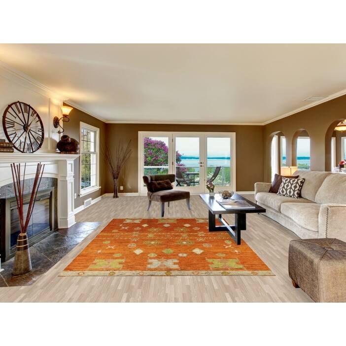 Geometric Orange Moroccan Oriental Area Rug Hand-Knotted Wool Carpet - 6'8" x 9'8"