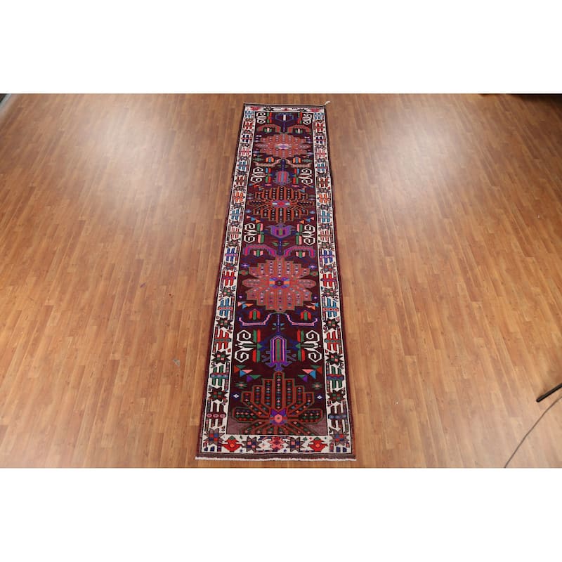 Wine Red Tribal Anatolian Turkish Runner Rug Hand-Knotted Wool Carpet - 3'7"x 14'1"