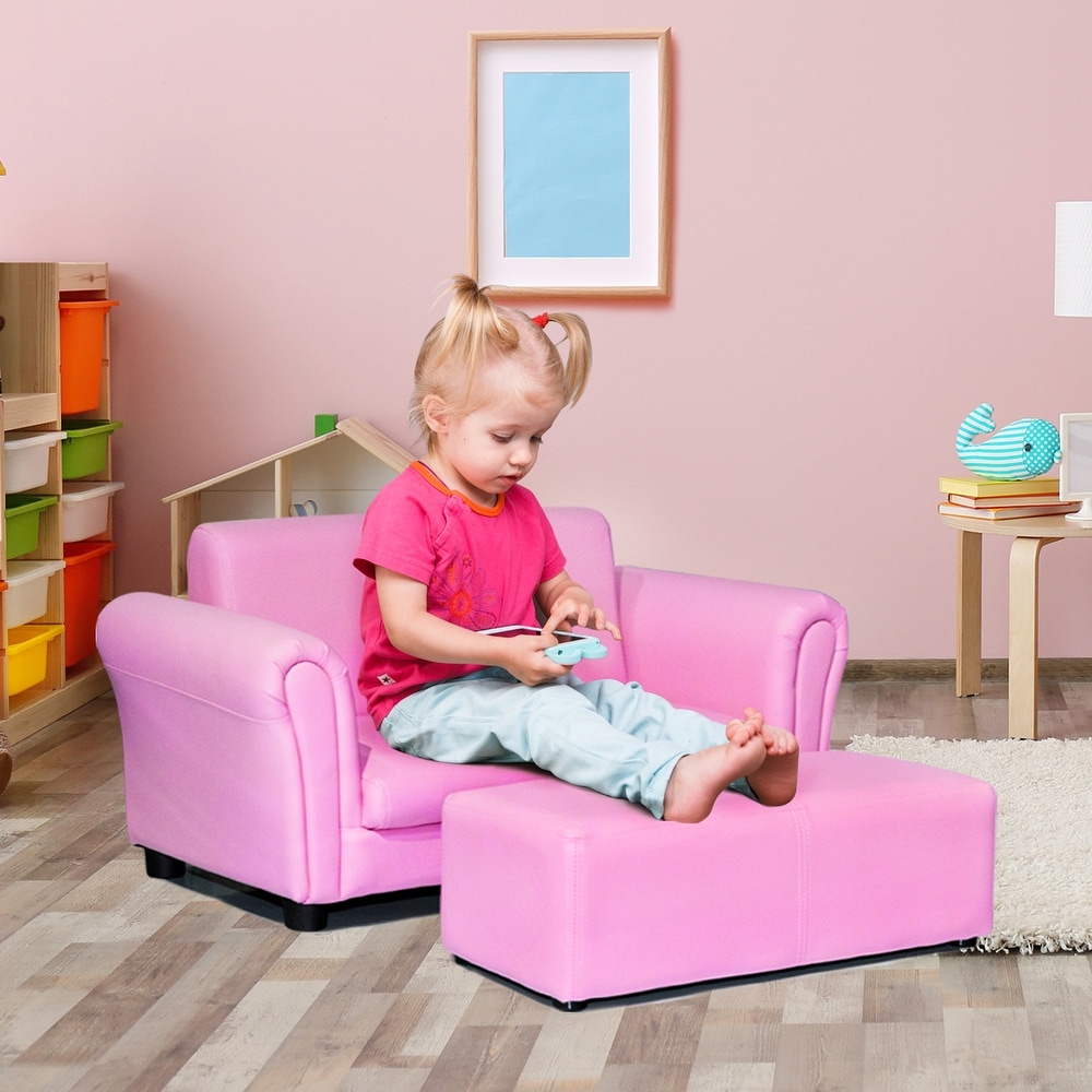 Color : Pink YJYDD Children Kids Rocking Armchair W Footstool Upholstered PU Leather Chair Bedroom 