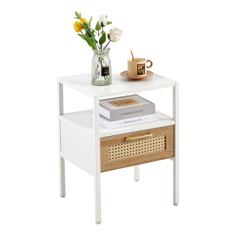 Modern Natural Rattan Wooden Nightstand/End Table/Side Table with Drawer(Set of 2)