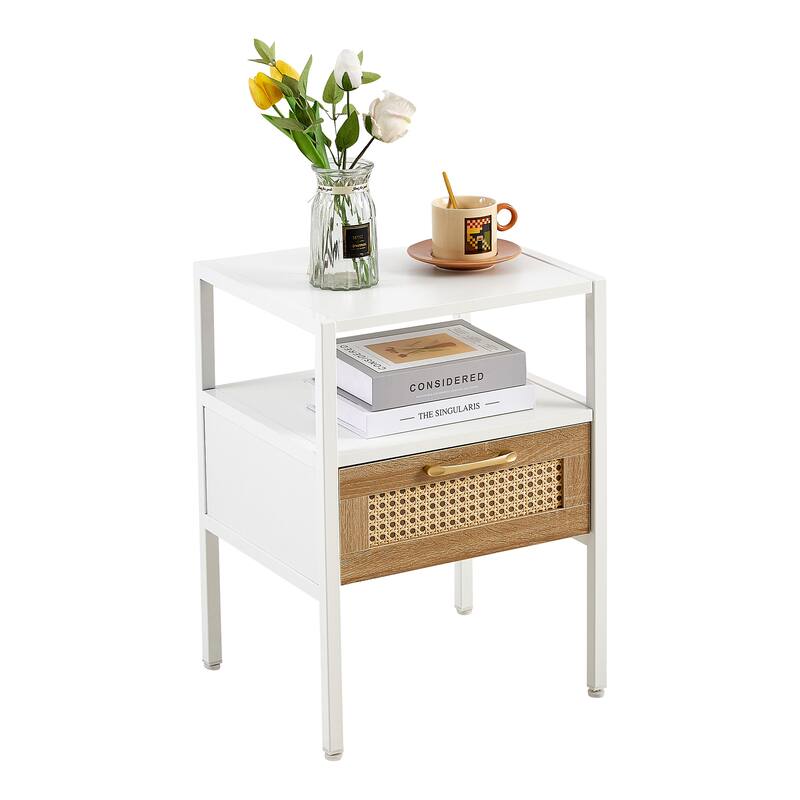 Set of 2 Rattan End Tables with Drawer, 15.75" Nightstands with Metal Legs for Living Room & Bedroom, Natural & White Finish