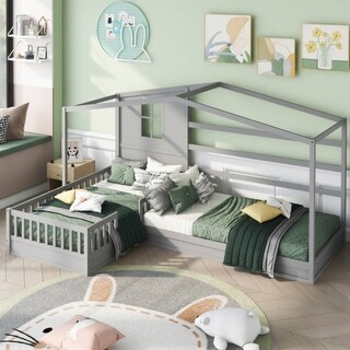 L Structure 2 Twin Wood House Bed with Fence and Slatted Frame, Grey