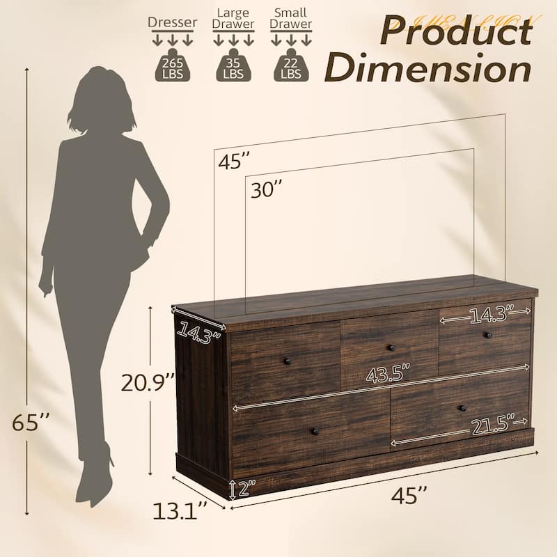 Furniwell 5 Drawers Dresser 45" TV Stand Cabinet Organizer Modern Wood Chest for Bedroom Living Room
