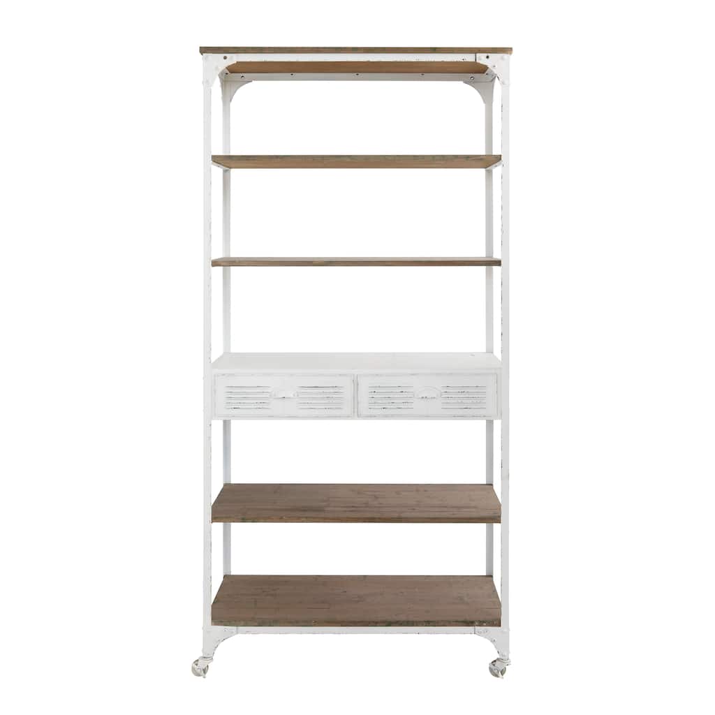 Metal and Wood 5-Tier Shelf on Wheels with 2 Drawers