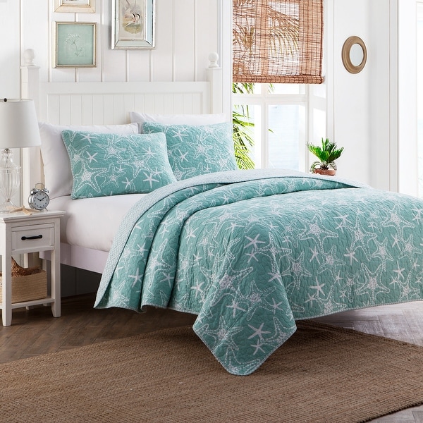 Cozy Starfish Blue Coastal Cotton 3 PC Reversible Quilt Bedding Set. Opens flyout.