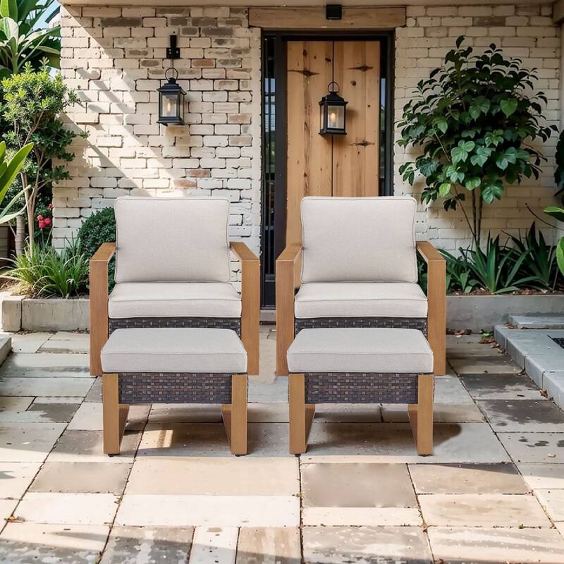 Pocassy Outdoor Patio Chairs Set for Garden Yards - 4 Pieces Swivel Chairs w/ Ottoman - Brown Wicker Beige Cushion
