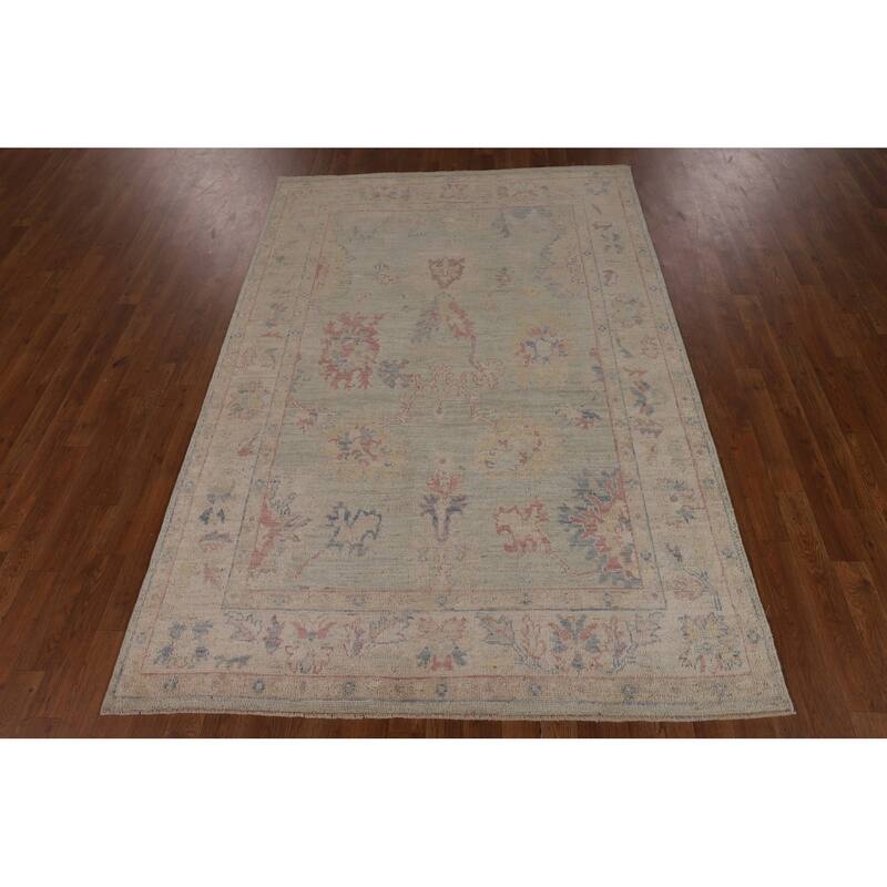 Light Green Oushak Vegetable Dye Turkish Area Rug Handmade Wool Carpet - 5'2"x 7'3"
