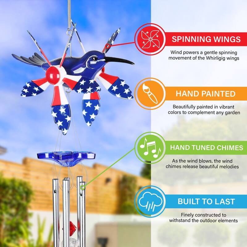 Exhart WindyWing Patriotic Whirligig Hummingbird Wind Chime, 7 by 18 Inches