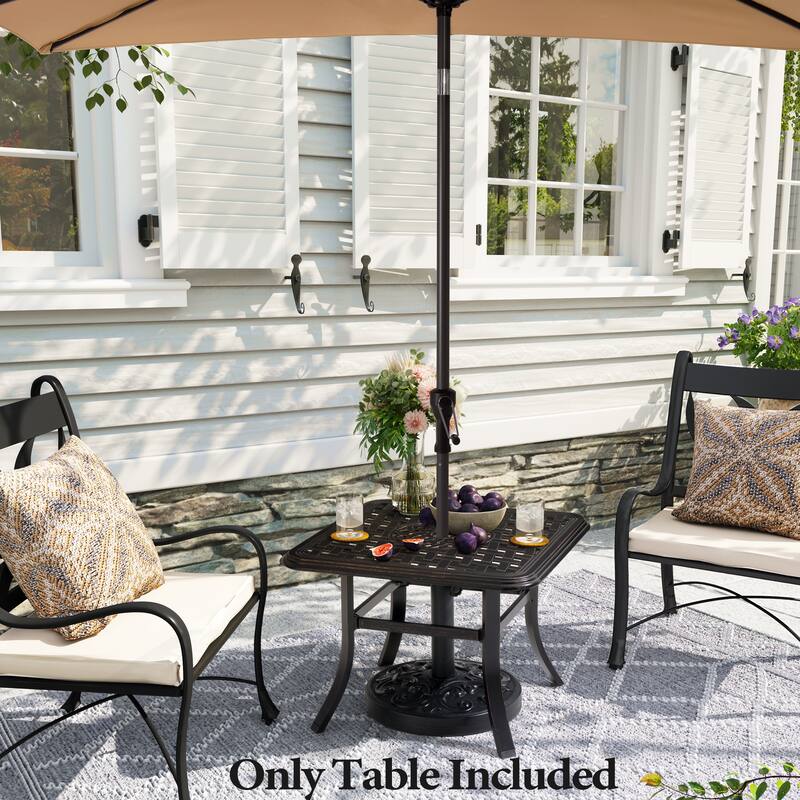 Cast Aluminum Patio Side Table Outdoor Square Table with Umbrella Hole - 24.02" L x 24.02" W x 17.52" H