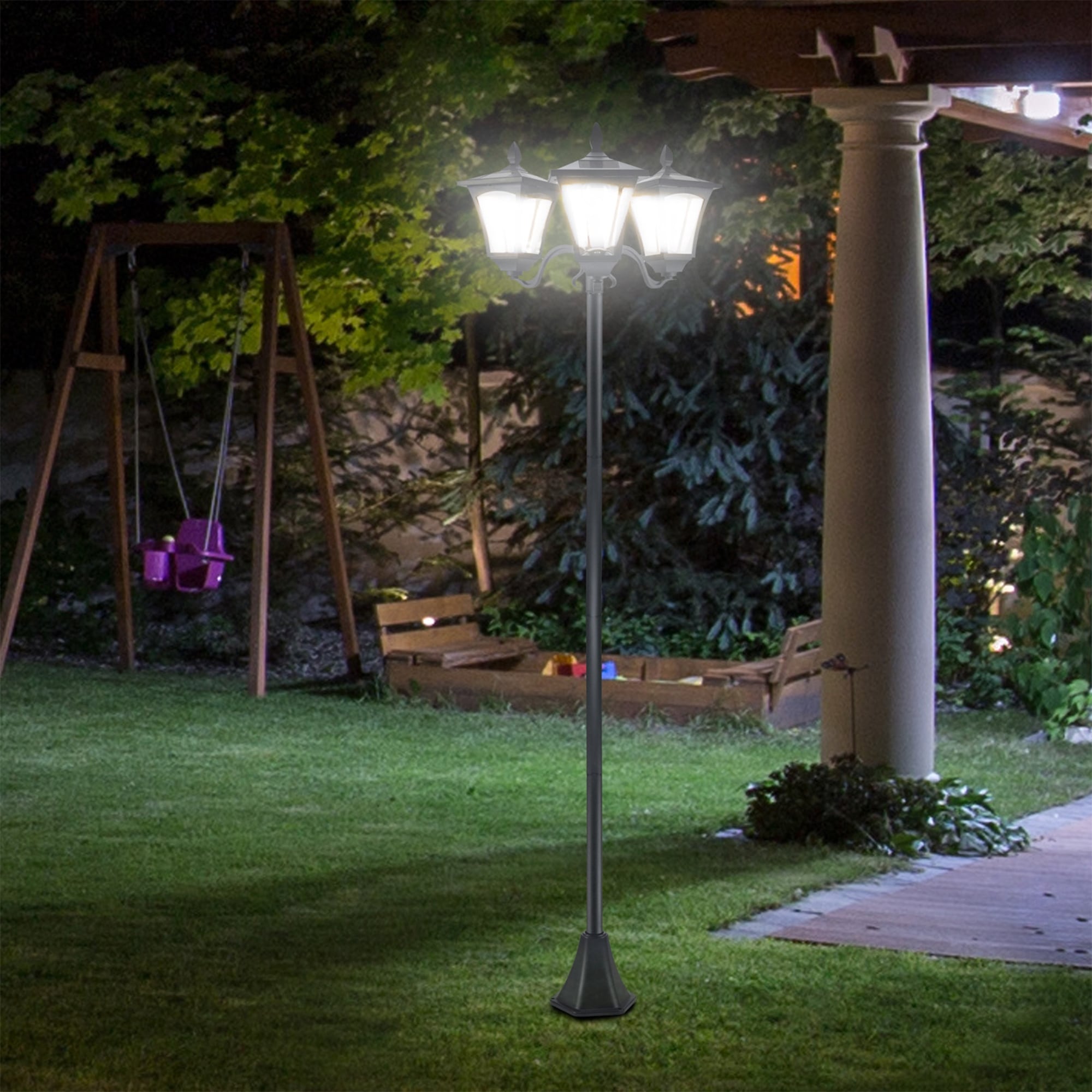 Outsunny 72" Solar Lamp Post, Triple-Head Street Light, All-Weather Waterproof Stainless Steel, Vintage Style for Garden, Lawn