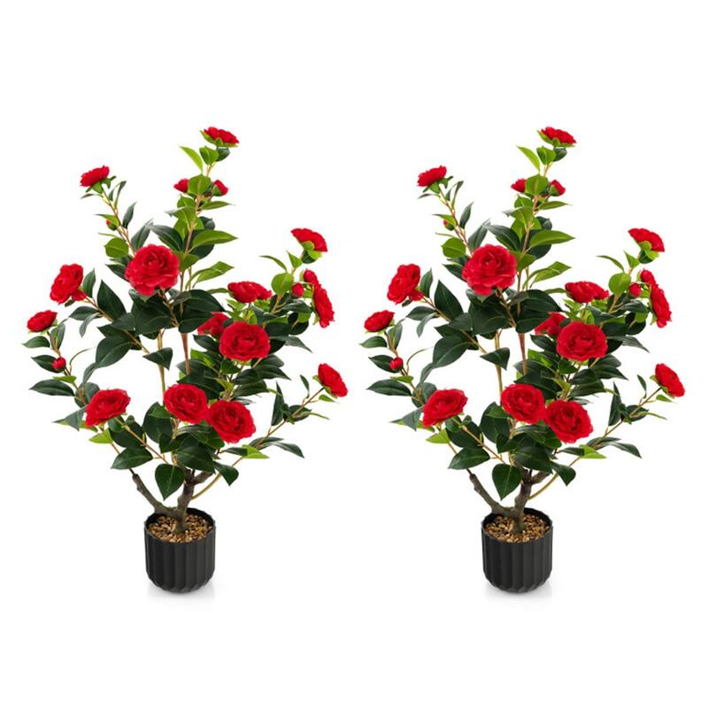 Set of 2 Artificial Camellia Trees 36 Inch Lifelike Indoor Decorative Plants with Cement Pots - 5" x 36" - Red