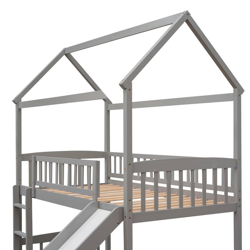 Space-Saving Twin Loft Bed with Slide, Gray - No Box Spring Needed