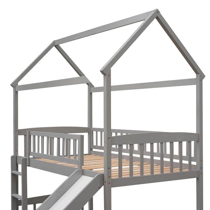 Twin Size Wooden Loft Bed with Slide and Ladder, House Shaped Solid Pinewood Low Loftbed Frame with Under Bed Play Space