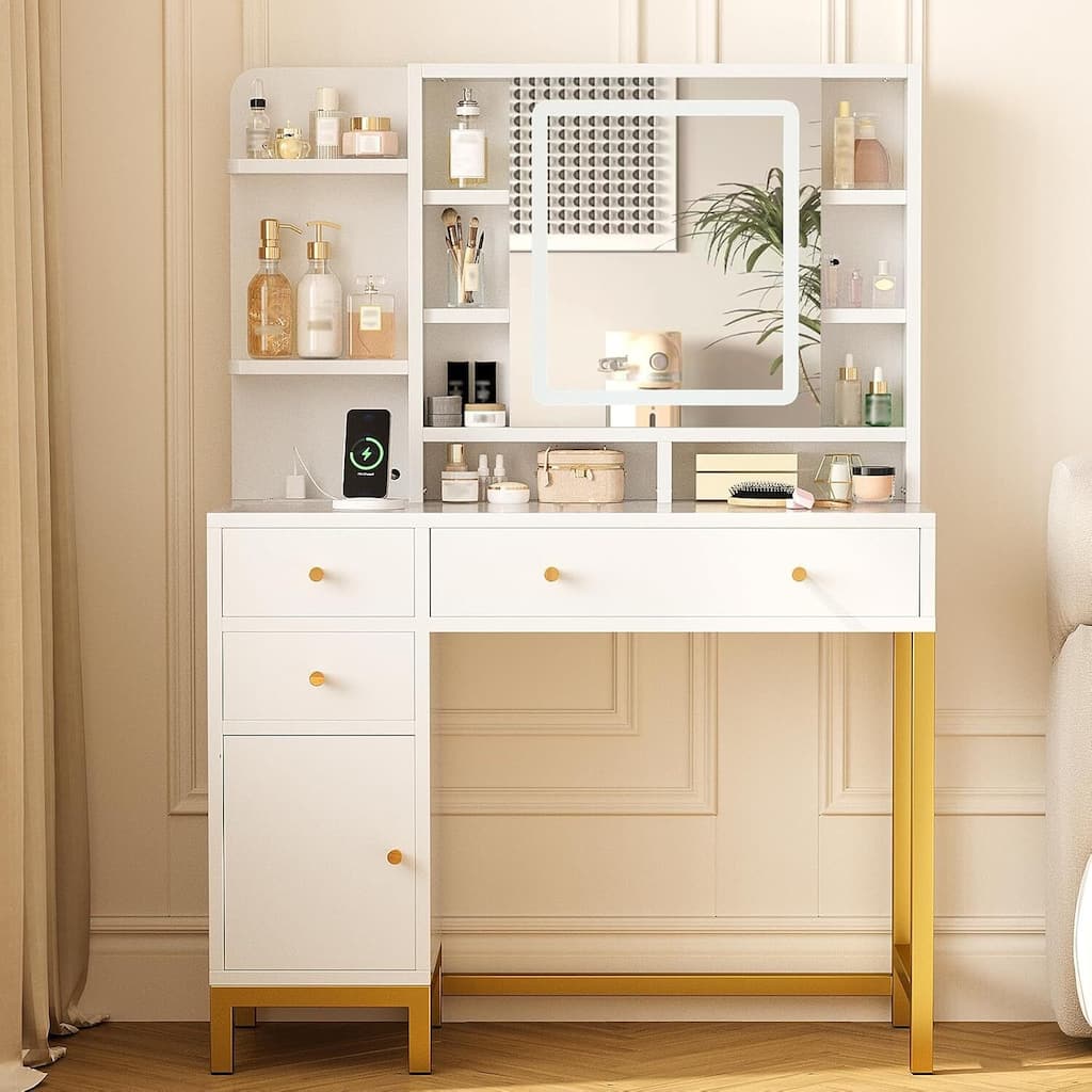 Makeup Desk Dressing Table with LED Lighted Mirror, Power Outlet