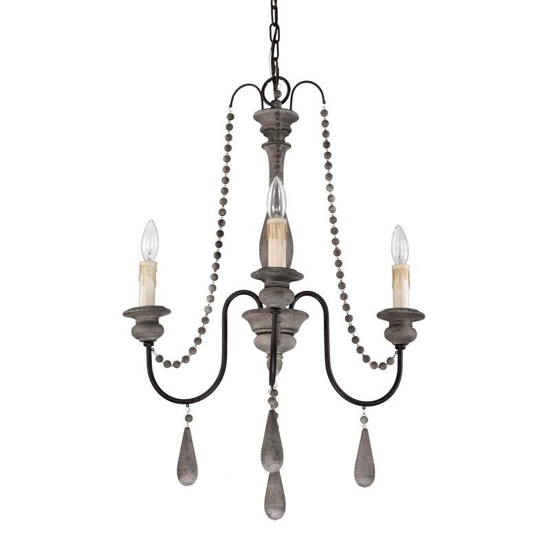 3-Light Slate Wood and Black Chandelier with Wooden Beads Hanging