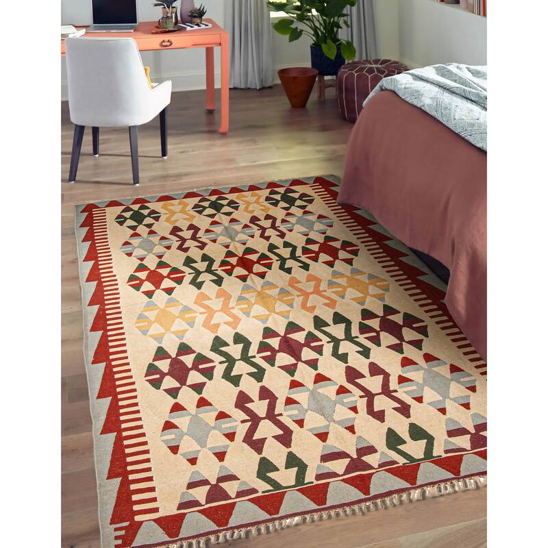 ECARPETGALLERY Flat-Weave Sivas Cream Wool Kilim - 6'4 x 8'9