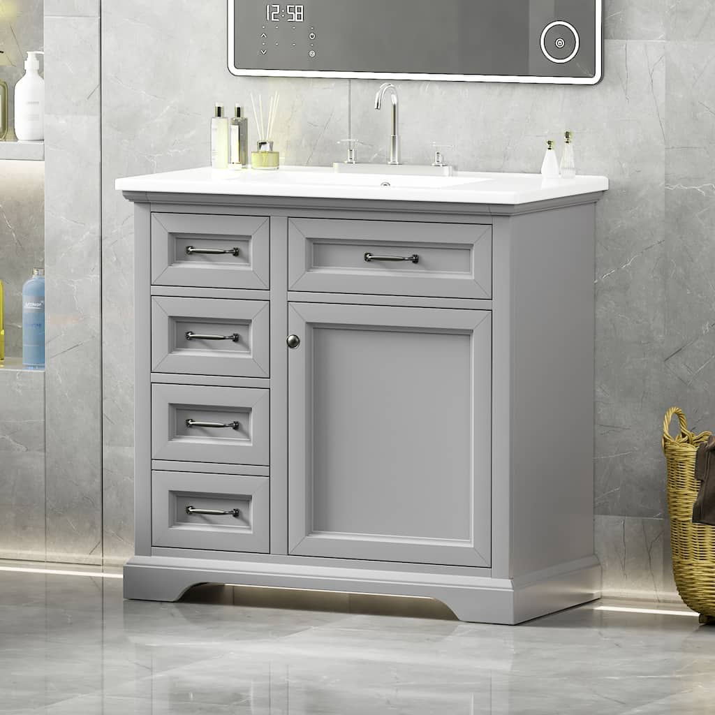 Bathroom Vanity with Ceramic Sink, Single Sink Bathroom Vanity, Bathroom Cabinet with 2 Tip-out Drawers & Soft Close Door
