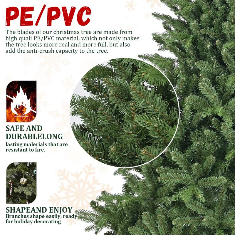 Unlit Artificial Hinged Pine Tree - PE+PVC Mixed Needles, Full Lush Shape, Metal Stand - Green