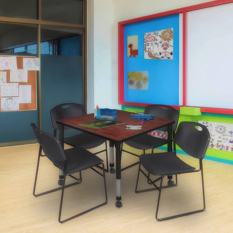 42 in. Square Height Adjustable Mobile Classroom Table - Cherry & 4 Stack Chairs- Black