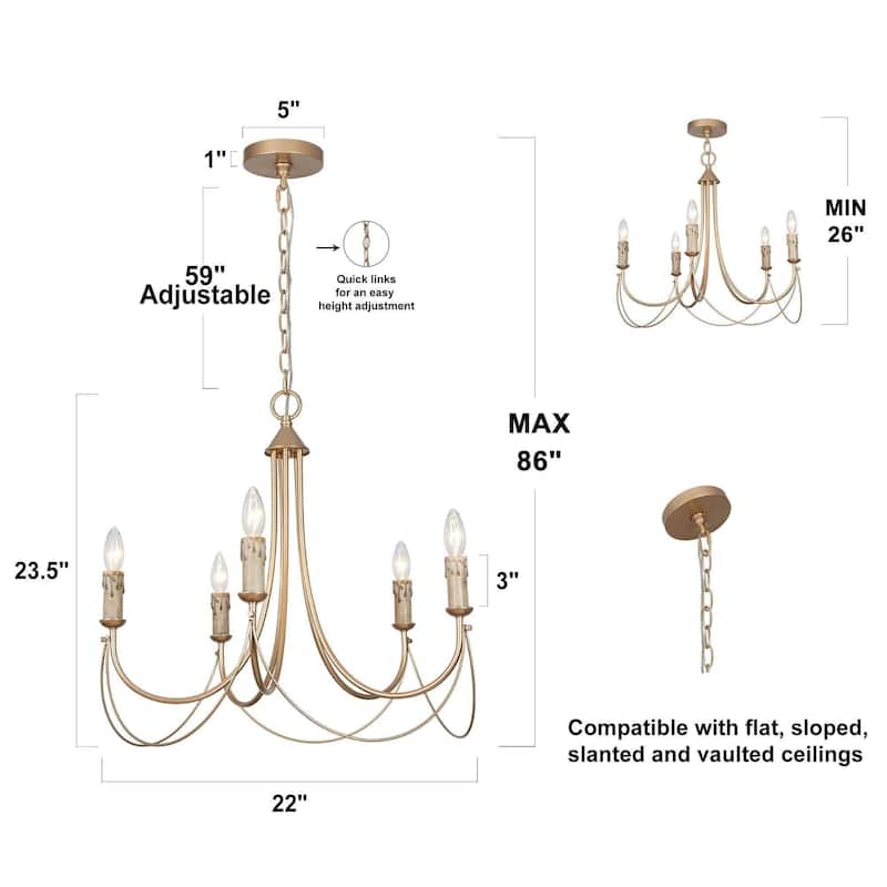 Modern Gold 5-Light Chandelier French Country Ceiling Lights for Dining Room - D 22" x H 23.5"