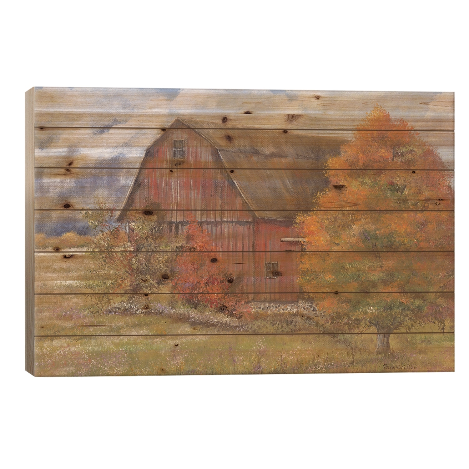 Autumn Barn Print On Wood by Pam Britton - Multi-Color