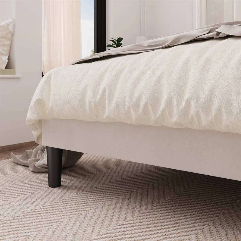 White Velvet Upholstered Platform Bed Frame with Wingback Headboard