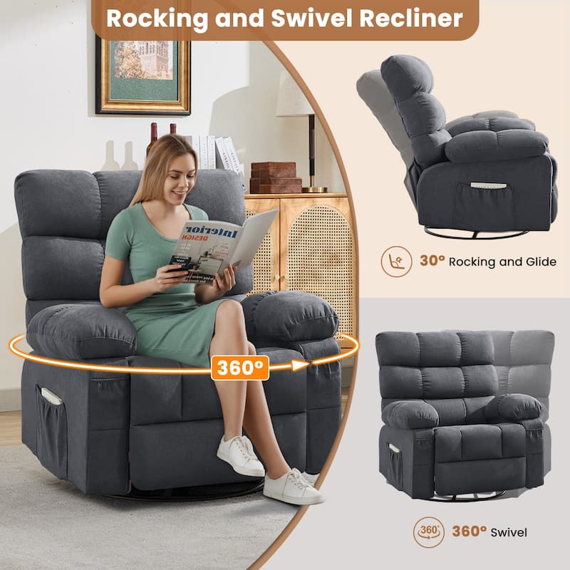 Swivel Rocker Recliner Chair for Adults, 360 Upholstered Manual Recliners, Single Seat Glider Reclining Chair with Side Pockets
