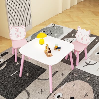 Kids Table and Chair Set, 3-Piece Wooden Toddler Desk with Animal Backrest, Activity Table