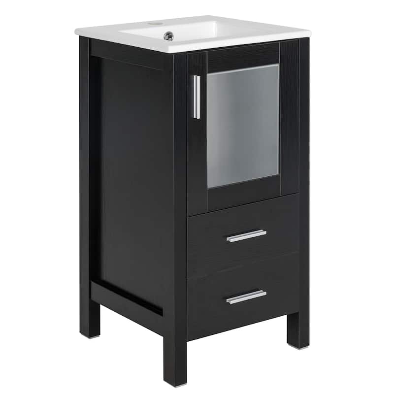 16" Bathroom Vanity Combo with Drop in Ceramic Sink Small Vanity Cabinet Set with 1 Door & 2 Drawers - Black