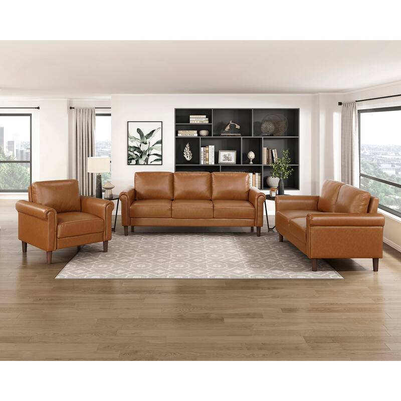 Fremont & Park Frances Faux Leather 3-Piece Living Room Set - Brown Finish Feet