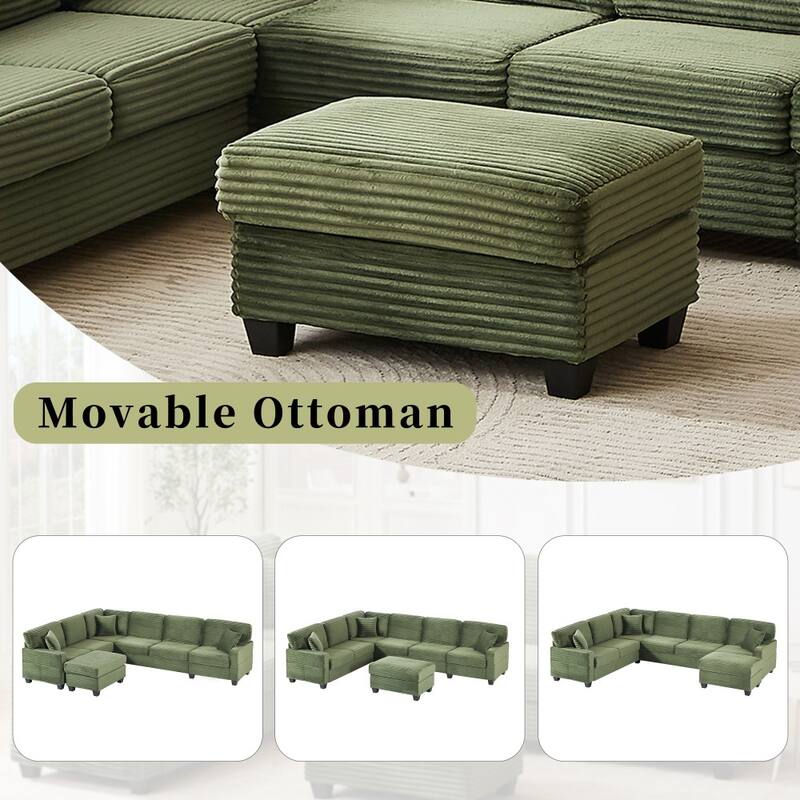 125.2" Modern Corduroy Upholstered U-shaped Sectional Sofa with Movable Ottoman and Side Storage Pockets